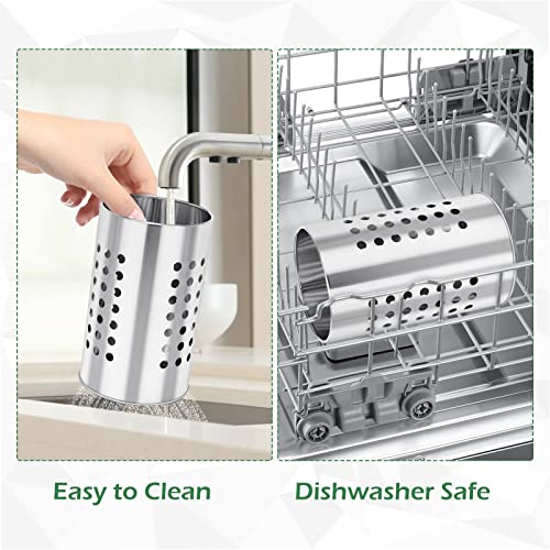 Stainless Steel Kitchen Utensil Holder Flatware Cylinder Silverware Draining Organizer Drying Rack with Round Drain Holes for Forks