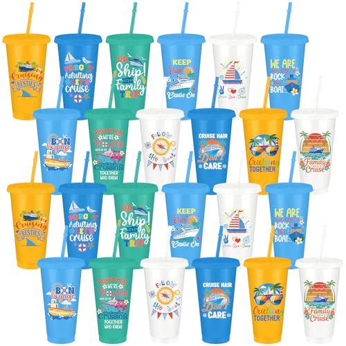 24 Pcs Cruise Tumbler with Straw and Lid Bulk 24oz Funny Nautical Gifts Reusable Iced Coffee Plastic Beverage Cups for Sailor Party Bachelorette Carnival Party Supplies (24 Count)