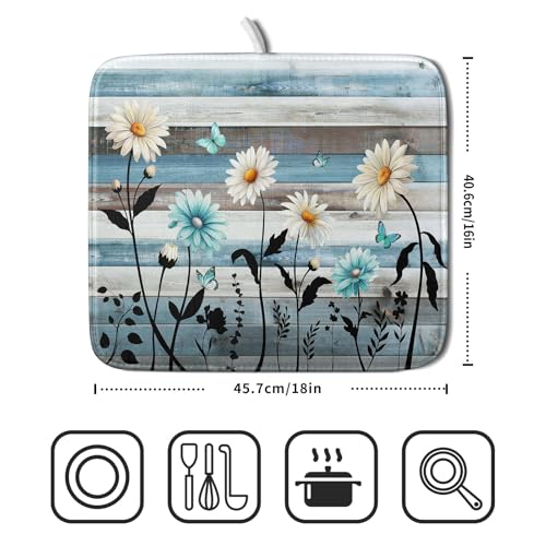 Blue White Daisy Floral Dish Drying Mat for Kitchen Counter