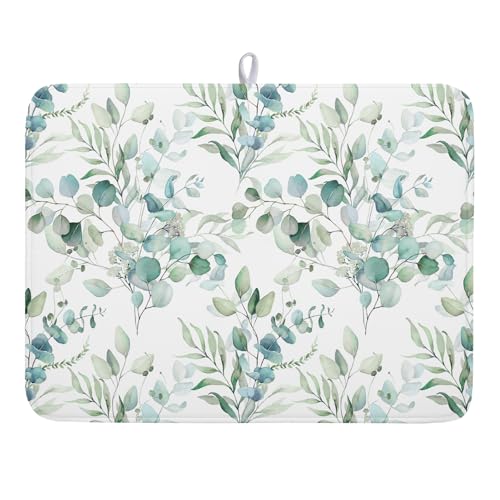 Sage Green Leaves Dish Drying Mats for Kitchen Counter 18x24 Inch