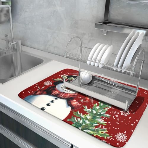 Winter Snowflake Red Dish Drying Mat for Kitchen Counter
