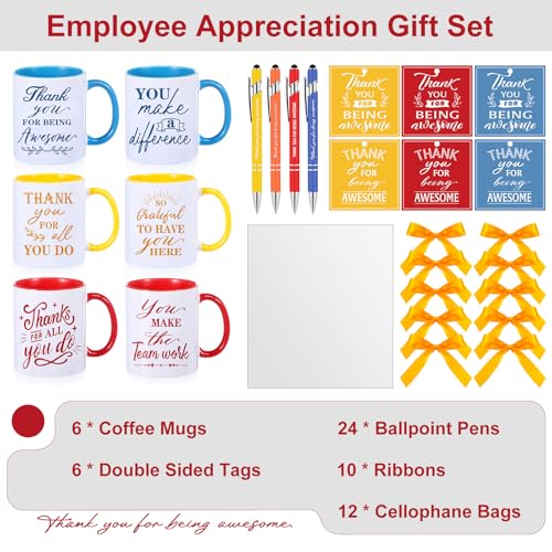 6 Set Employee Appreciation Gifts Include Thank You Staff Mug Gift Set 12 oz Appreciation Mugs Inspirational Pens Tags for Employee Staff Team Group (6 Count)