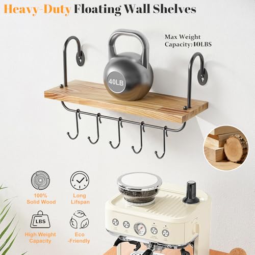 Floating Wall Shelves for Kitchen Bathroom Coffee Nook with 10 Adjustable Hooks for Coffee Mugs (2 Count)