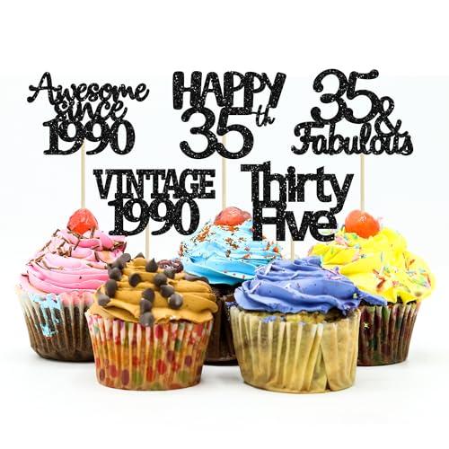 30 Pack Vintage 1989 Cupcake Toppers Black Glitter Thirty Five Happy 35 Cake Decorations Cheers to 35 Years Birthday Cupcake Picks 35th Birthday Anniversary Cake Decorations (30 Count)