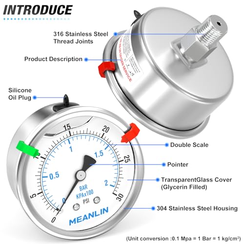 0~30Psi Liquid Filled Pressure Gauge Stainless Steel 2.5" FACE DIAL 1