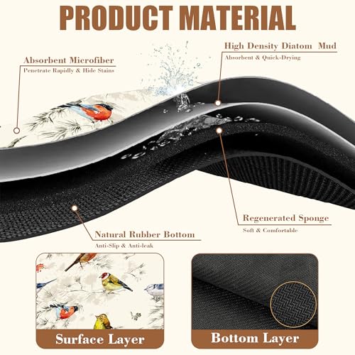Cute Birds Coffee Mat Absorbent Dish Drying Mat for Kitchen Counter Hide Stain Rubber Backed Coffee Bar Accessories Fit Under Espresso Machine Cafe Table