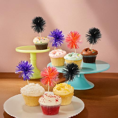 30Pcs Foil Firework Cupcake Toppers Sparkle Tinsel Cake Toppers Tinsel Drink Cake Decoration Cocktail Picks for Halloween Birthday Wedding Graduation Party Supplies Purple Black Orange (30 Count)