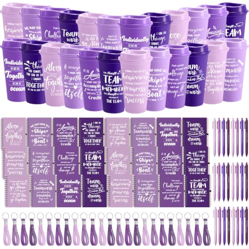 24 Set 96 Pcs Team Appreciation Gift Set Inspirational Employee Appreciation Gift Bulk 16 oz Coffee Cups with Team Notebook Pen Keychains for Staff Teacher (24 Count)