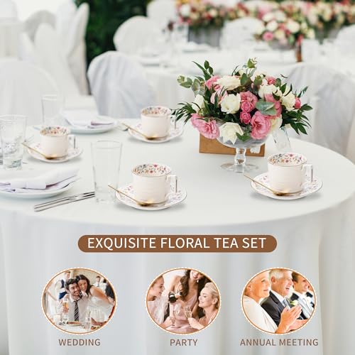 Country Roses Porcelain Tea Cup and Saucer Set with Gold Trim
