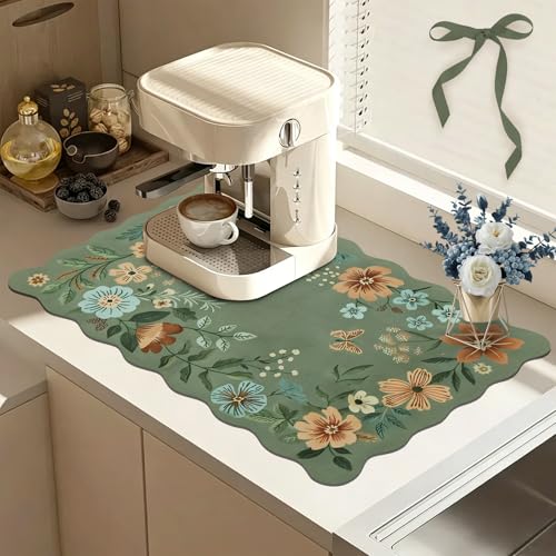 Scalloped Bohemian Boho Floral Flower Coffee Bar Mat Dish Drying Mats for Kitchen Counter