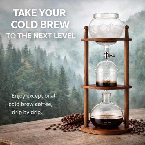 Cold Brew coffee Maker Ice Coffee Drip Machine with Advanced Slow Drip Technology Borosilicate Glass with Wood Tower