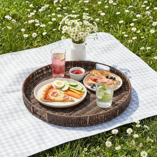 Round Ottoman Tray Large Wicker Serving Tray with Handles