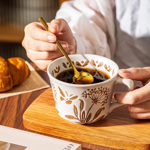 Ceramic Mugs 11 oz Unique Luxurious Cups Set of 4 with Premium Spoon