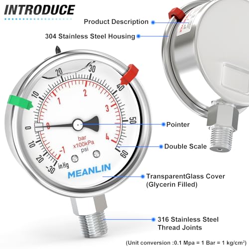 30inHG~60Psi Vacuum Pressure Gauge 316 Stainless Steel Joint 1