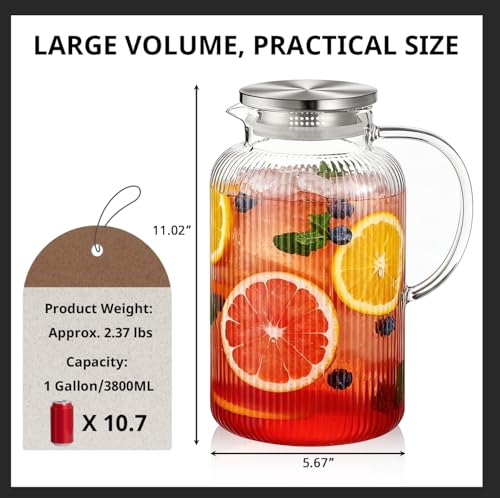 1 Gallon Glass Pitcher with Lid and Handle