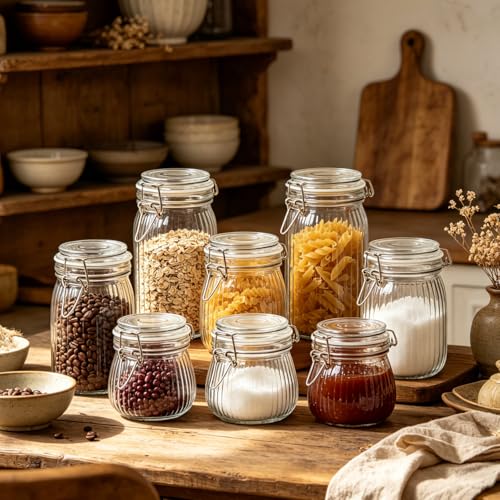 Ribbed Glass Storage Jars Airtight Lids 34oz 3 Pack Pantry Flour (3 Count)