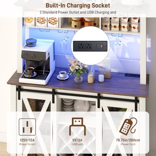 47" Wide 56" H Farmhouse Coffee Bar Cabinet with Power Outlet and LED Light