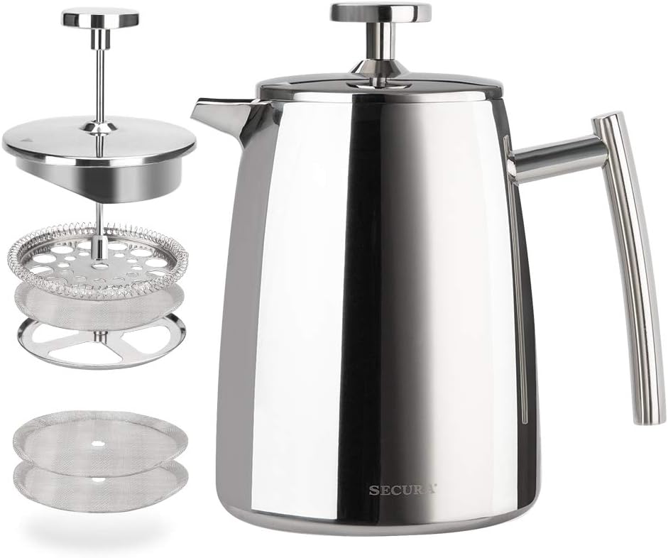 Secura French Press Coffee Maker, 17-Ounce, 304 Stainless Steel Insulated Coffee Press with Extra Screen - Blissbrew