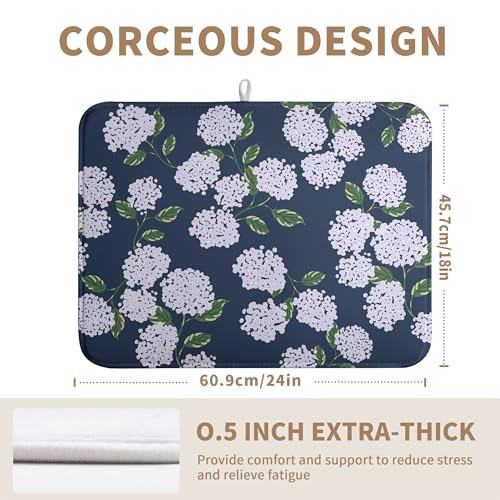 Navy Blue Hydrangea Dish Drying Mats Spring Summer Dish Mat Vintage Floral Drying Matt Dishes Dryer Pad for Kitchen Counter Absorbent Microfiber Washable Foldable Reusable 18x24 in