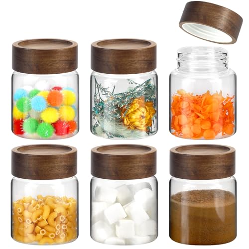 6 pc Glass Spice jars Glass Jars with Screw Lid 5 oz Acacia Wood Glass Herb Sugar Coffee Bean Ground Container Food Storage Canister for Candy Pantry Tea Seasoning Meal Prep Snack