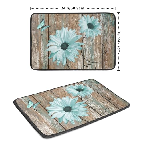 Rustic Daisy Dish Drying Mat for Kitchen Countertop 18x24 inch Teal Sunflowers on Wooden Board Dish Drainer Mats Fast Drying Country Vintage Shabby Chic Flower Dish Drying Pad Decor Large