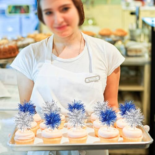 40 PCS Foil Firework Cupcake Toppers Sparkle Tinsel Cupcake Picks Fireworks Birthday Party Decorations Cocktail Fruit Toothpick for Birthday Wedding Graduation Party Decorations Supplies Silver Blue (40 Count)