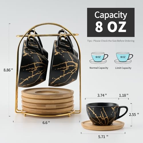 Ceramic Demitasse Espresso Cups Set with Saucers and Metal Stand (4 Count)