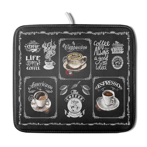Coffee Dish Drying Mat Vintage Anti Fatigue Espresso Cup Black Bean Maker Machine Drainer Mat Small Dish Pad Dish Drainer Rack Mat Protector Kitchen Accessories Bar Time 16x18 inch