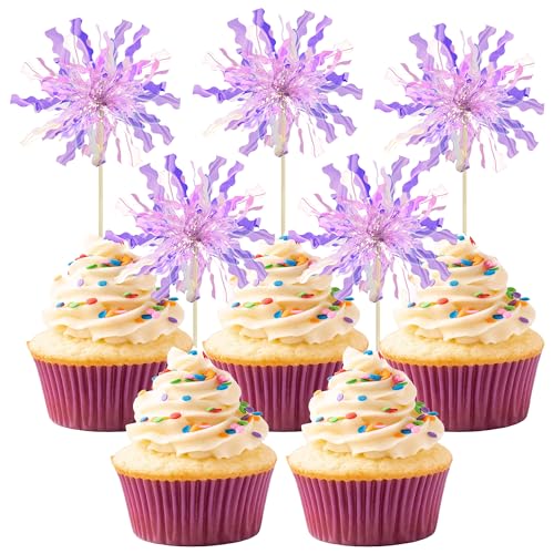 30Pcs Foil Firework Cupcake Toppers Happy Birthday Cake Toppers Tinsel Flower Drink Stirrers Cocktail Food Fruit Toothpicks for Valentine's Day Party Birthday Wedding Supplies Purple (30 Count)