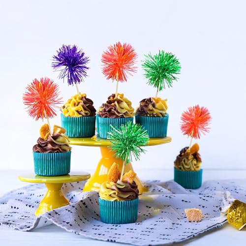 30Pcs Foil Firework Cupcake Toppers Sparkle Tinsel Cake Toppers Tinsel Drink Cake Decoration Cocktail Picks for Halloween Birthday Wedding Graduation Party Supplies Purple Green Orange (30 Count)