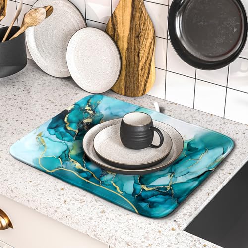 Teal Marble Dish Drying Mat Turquoise Blue Marbling Print Dish Drainer Mats 16"x18" Modern Granite Microfiber Reversible Dish Drying Rack Pad Protector for Kitchen Countertop Decor