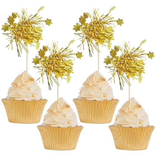 30Pcs Star Foil Firework Cupcake Toppers Sparkle Tinsel Cake Toppers Tinsel Drink Cake Decoration Cocktail Picks for Birthday Wedding Graduation Party Supplies Gold (30 Count)