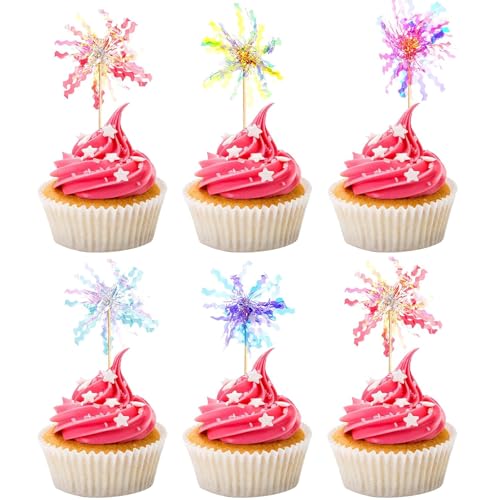 30 Pieces Happy Birthday Cake Toppers Foil Firework Cupcake Toppers Sparkle Tinsel Flower Drink Stirrers for Cake Decoration Party Supplies (30 Count)