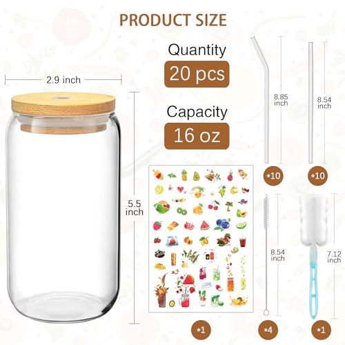 16 OZ Glass Cups with Lids and Straws 20 Pack Can (20 Count)