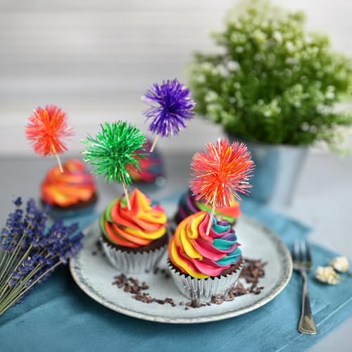 30Pcs Foil Firework Cupcake Toppers Sparkle Tinsel Cake Toppers Tinsel Drink Cake Decoration Cocktail Picks for Halloween Birthday Wedding Graduation Party Supplies Purple Green Orange (30 Count)