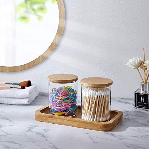 2 Pack Glass Qtip Holder Dispenser with Bamboo Vanity Tray