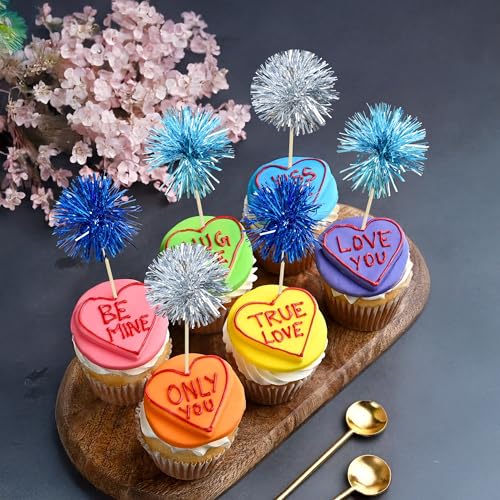 30Pcs Foil Firework Cupcake Toppers Sparkle Tinsel Cake Toppers Tinsel Drink Cake Decoration Cocktail Picks for Birthday Wedding Graduation Party Supplies Blue Silver (30 Count)