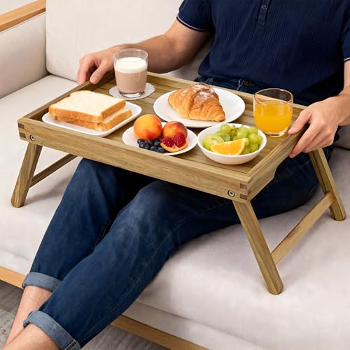 Acacia Bed Tray Table with Folding Legs
