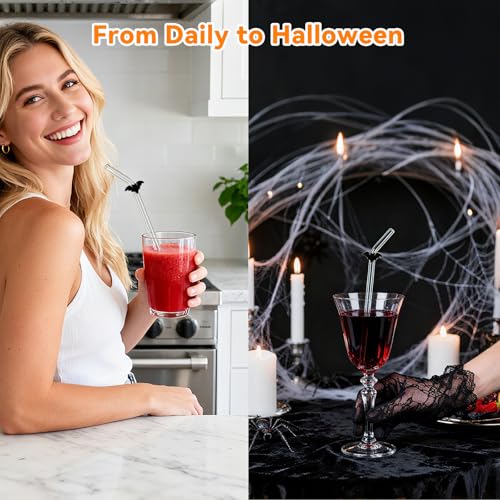 Black Bat Glass Straws with Charms (10 Count)