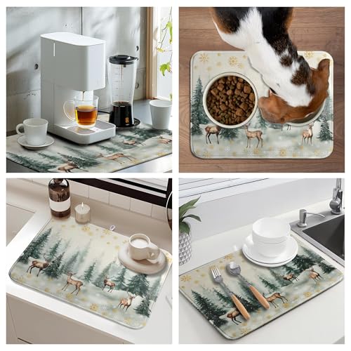 Winter Deer Snowflakes Dish Drying Mat Christmas Snow Forest Large Kitchen Mats Dish Drying Pad Absorbent Dish Dryer Mat for Kitchen Countertops Microfiber Drainer Pad Dish Drying Mats