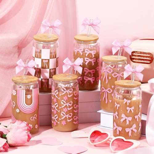 12 Pack Pink Bow Glass Cups with Lids and Straws 16 oz (12 Count)