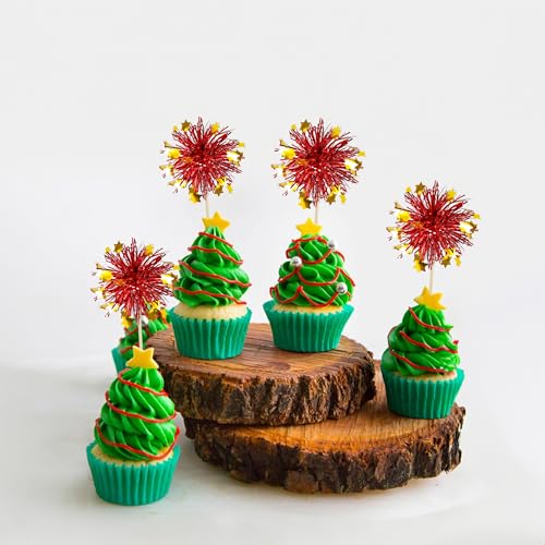 30Pcs Foil Firework Cupcake Toppers Party Birthday Cake Toppers Supplies Sparkle Tinsel Cocktail Fruit Toothpick for Birthday Wedding Graduation Party Red (30 Count)