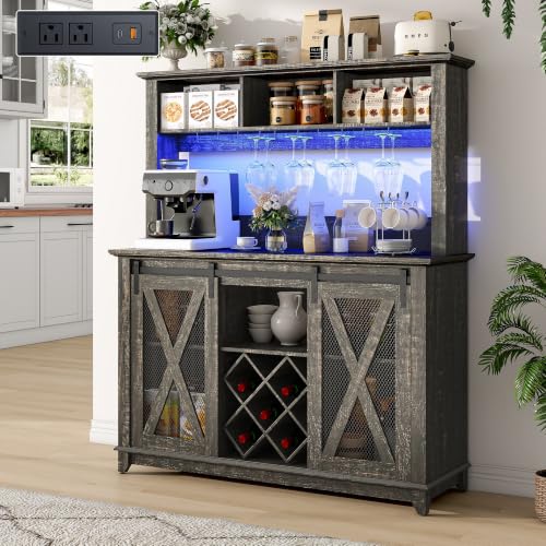47"Wide 56"H Farmhouse Coffee Bar Cabinet with Power Outlet and LED Light