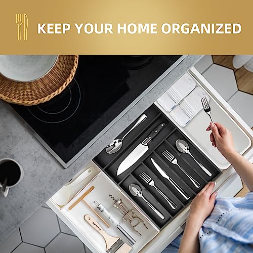 Bamboo Silverware Holder Drawer Utensil Organizer with 7 Slots Black