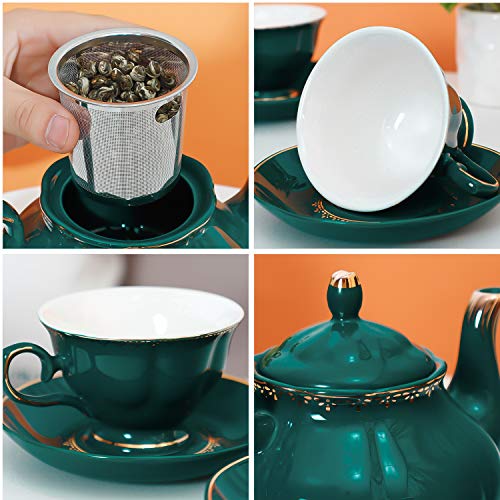 Tea Set 22 Piece Porcelain Ceramic Coffee Tea Sets Cups Saucer Service for 6 Teapot Sugar Bowl Creamer Pitcher and Teaspoons Porcelain Tea Set (22 Count)