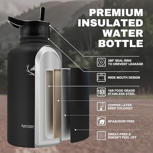64 oz Insulated Water Bottle with Carrier Bag & 3 Lids