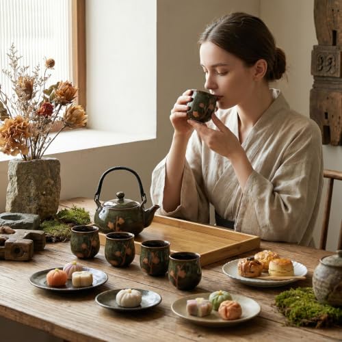 Japanese Tea Set with Teapot and 6 Cups (Green)