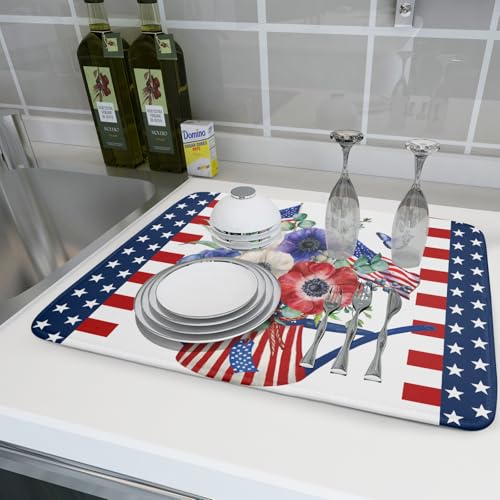 American Flag 4th of July Dish Drying Mats for Kitchen Counter Patriotic Flowers Dry Dishes Pads 16x18 Inch Microfiber Absorbent Independence Day Drainer Pad Tableware Mats Protector for Countertops
