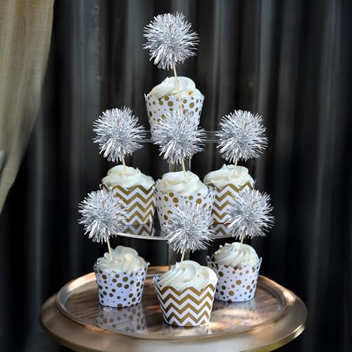 30Pcs Foil Firework Cupcake Toppers Sparkle Tinsel Cupcake Picks Happy Birthday Cake Toppers Drink Stirrers Cocktail Food Fruit Toothpicks for Baby Shower Birthday Party Supplies Silver (30 Count)