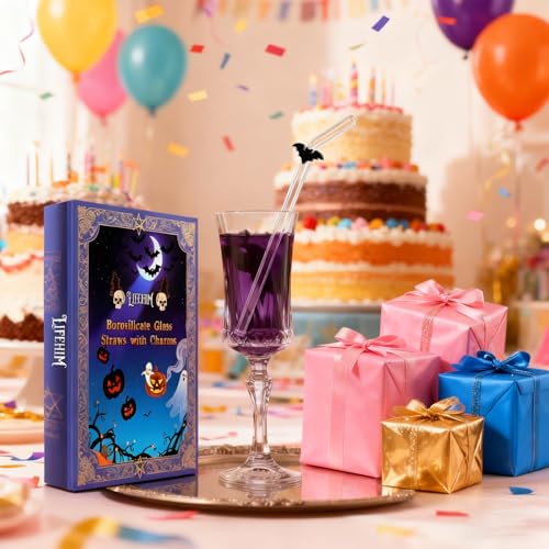 Black Bat Glass Straws with Charms (10 Count)